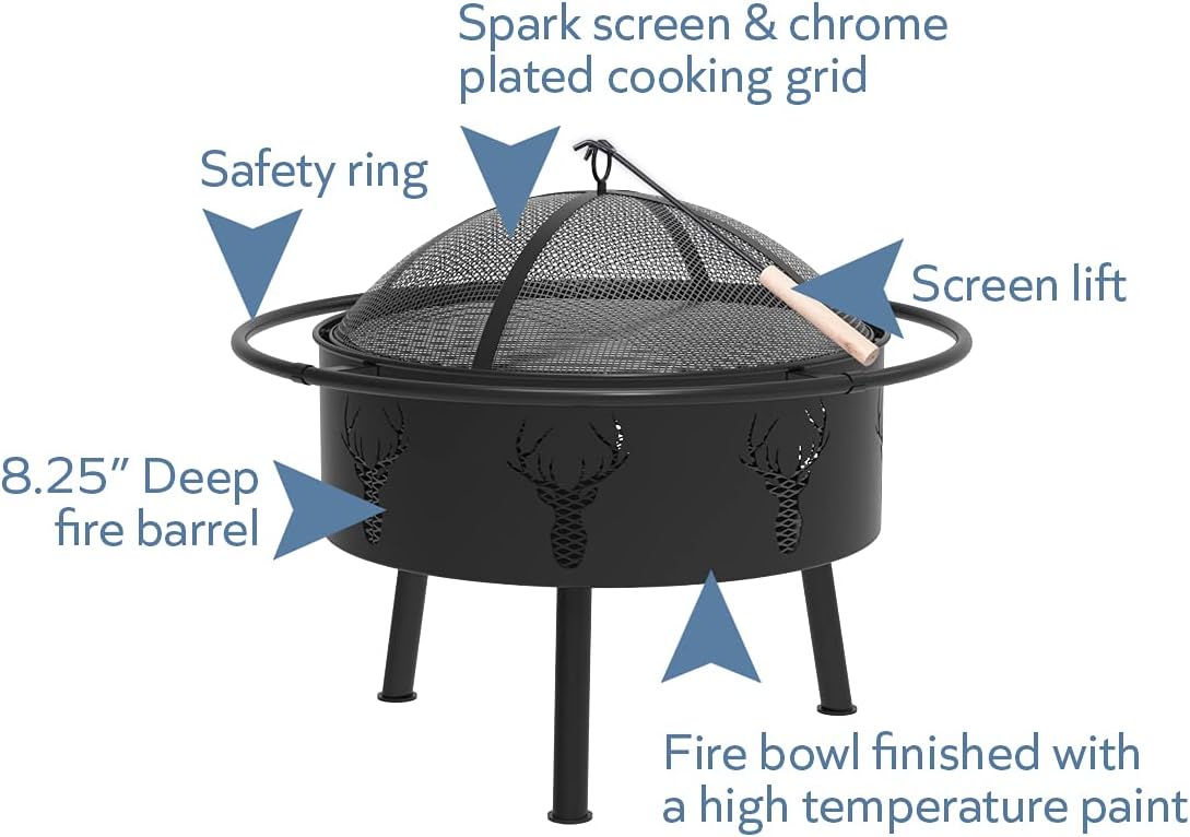 Blue Sky Outdoor Living 29" Outdoor Fire Pit Barrel with Safety Ring and Cover, Black : Garden & Outdoor