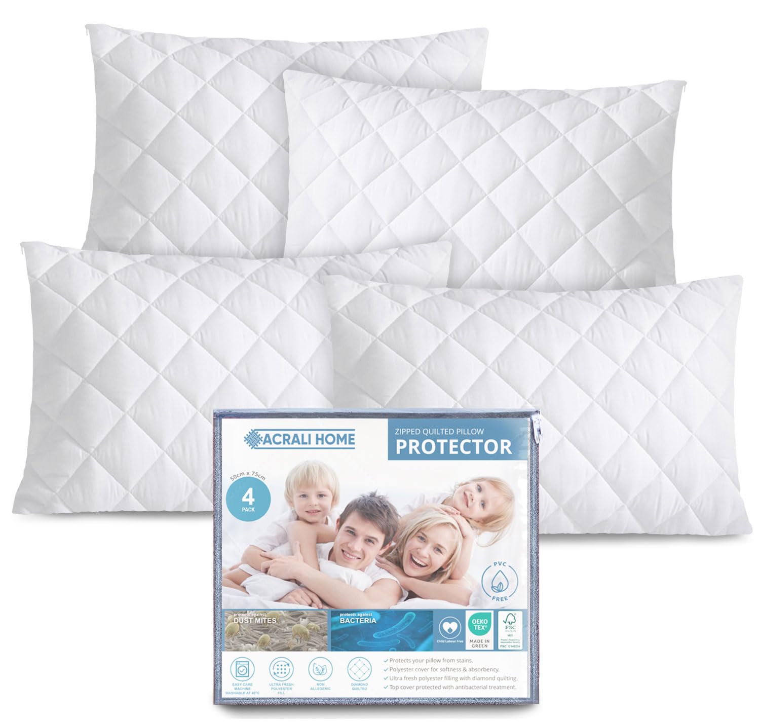 ACRALI HOME Quilted Pillow Protectors 4 Pack Zipped - 50x75 cm Microfiber Pillowcase Protectors Hypoallergenic Zipped Pillow Protectors, Soft Breathable Luxurious Pillow Cover for Comfy Sleep