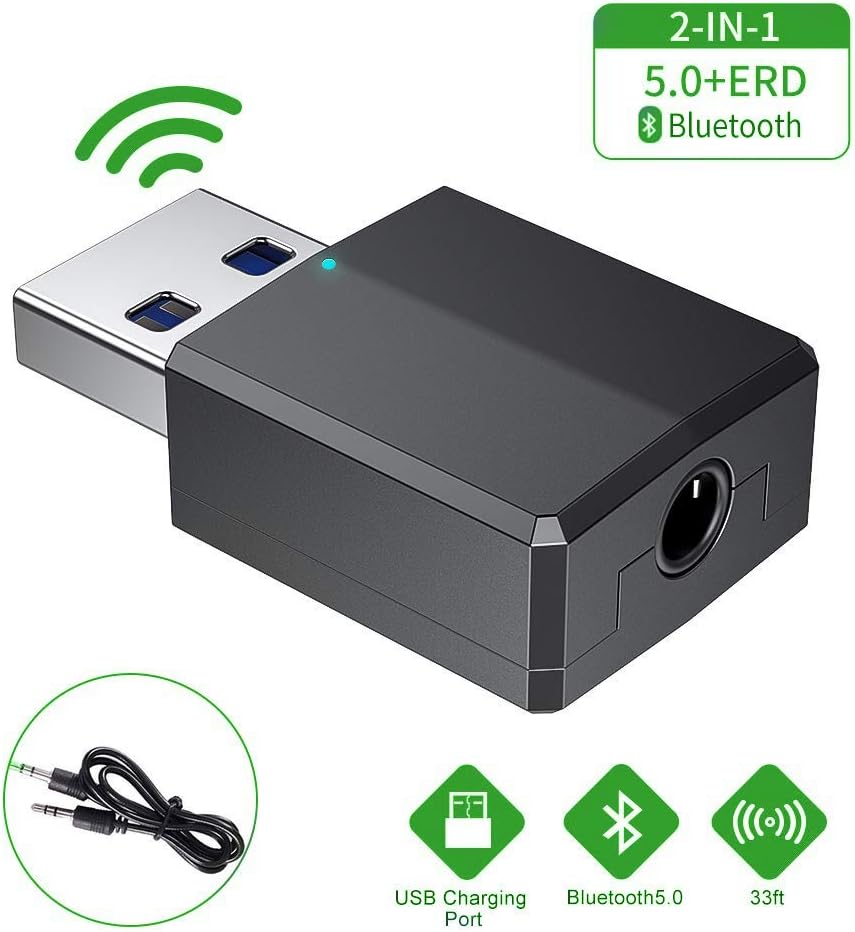 USB Bluetooth Adapter, Bluetooth 5.0 Dongle Adapter for PC, Wireless Bluetooth Transmitter Receiver with 3.5mm Digital Audio Cable, Plug and Play for PC/TV/Car/Home [Need USB power]