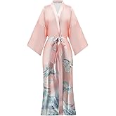 BestWendding Women's Satin Kimono Robes Floral Patterned Long Bathrobe Silky Dressing Gown Bridesmaid Robes with 2 Pockets