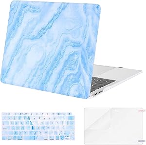 MOSISO MacBook Air 13 inch Case 2020 2019 2018 Release A2179 A1932 Retina Display, Plastic Pattern Hard Shell & Keyboard Cover & Screen Protector Only Compatible with MacBook Air 13, White Blue Marble