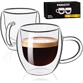 PARACITY Double Wall Glass Espresso Cups and Clear Coffee Mugs, Set of 2 | 5.5 Oz Insulated Glass Cappuccino Cups with Handles, Air-Gap Design for Latte, Tea, Espresso Shots for Travel or Camping.