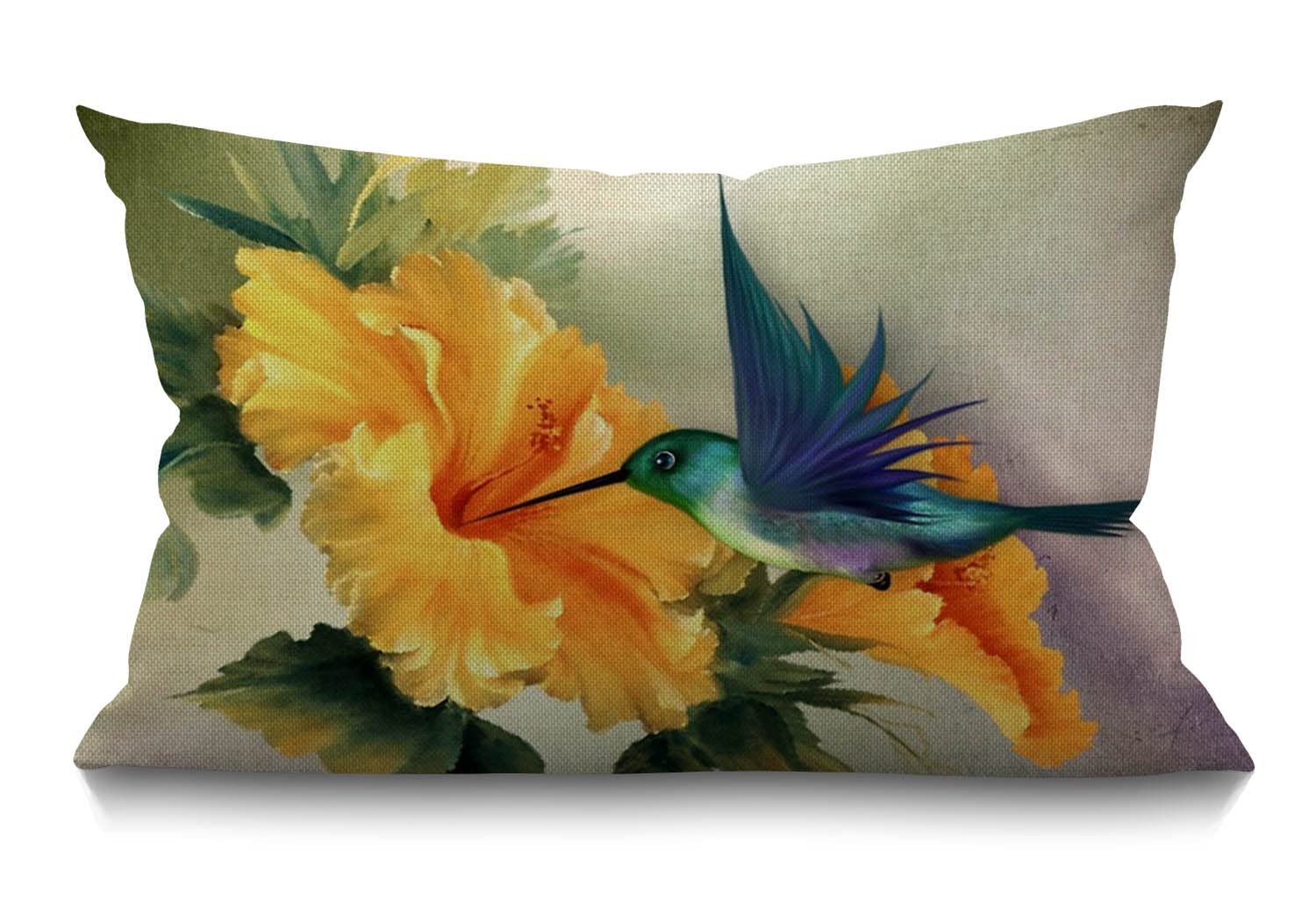 BGBDEIA Cushion Cover Humming Bird Oil Painting Floral Bird Animal Spring Leaves Bright Nature Rectangular Throw Pillow Cover for Couch Sofa Home Decor Cotton Linen 30 x 50 cm 12x20 Inch