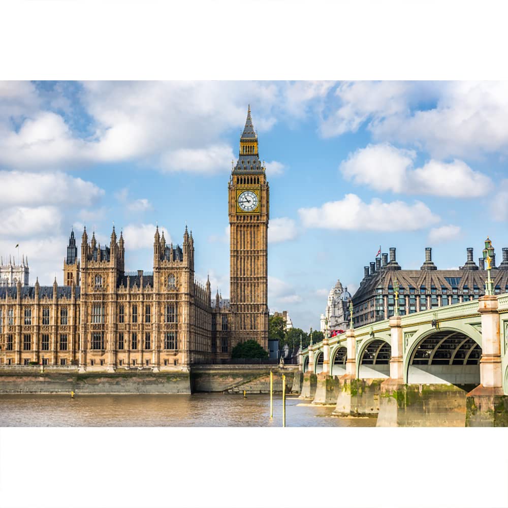 Aoihrraan 1,5x1m London Big Ben Backdrop Elizabeth Clock Tower Famous England Symbol Westminster Bridge Clear Sky Cloud River Photography Background Travel Holiday Wedding Lover Portrait Photo Props