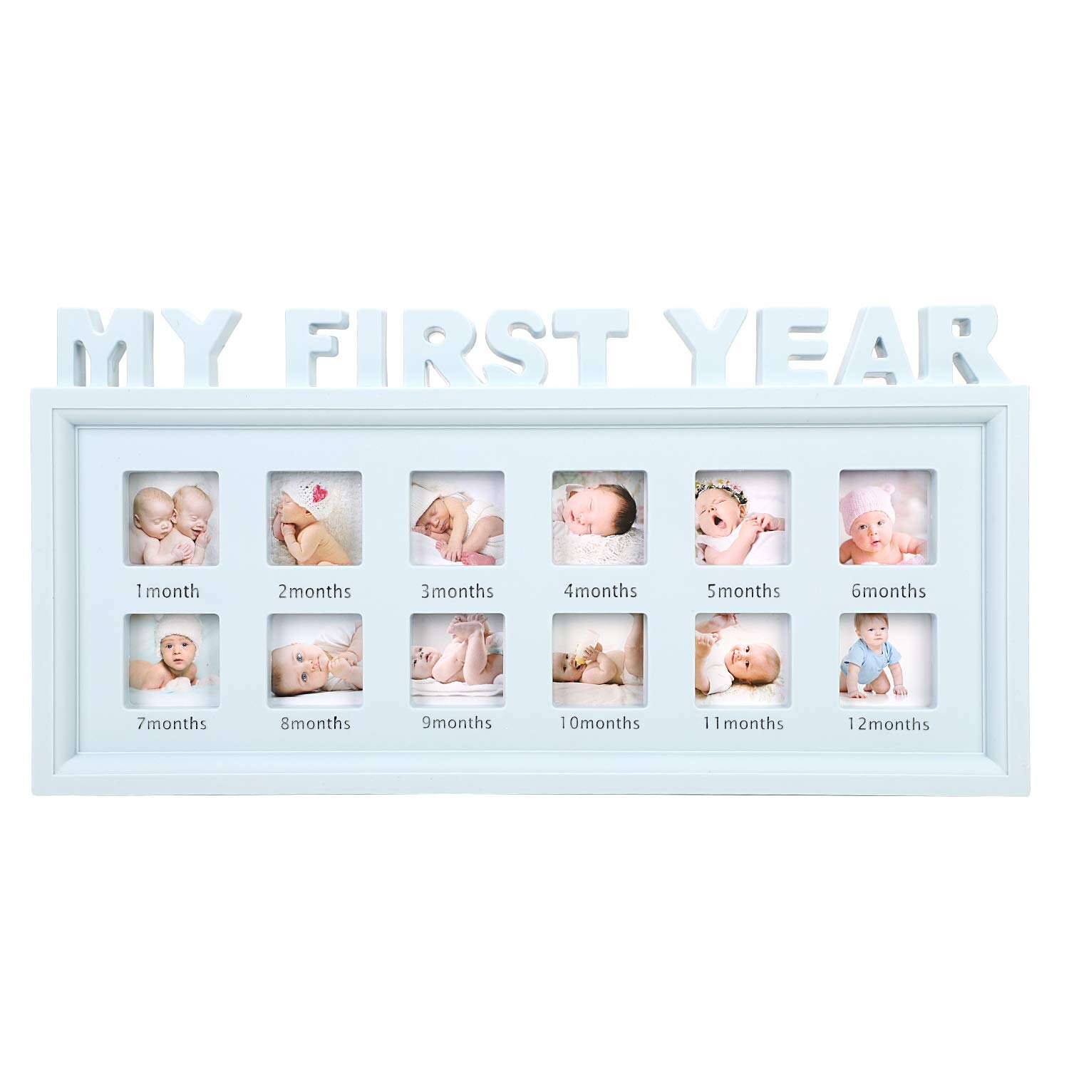 Newborn Baby Keepsake Photo Frame My First Year Moments Keepsake Girls Boys Memorable Picture Frame 1-12 Months Multi Picture Display Kit Baby Shower Birthday Memories Christening Xmas Gift (blue)