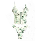 seamoly Gingham Bowknot Decor Smocked Ruffles Tie Front Tankini Set