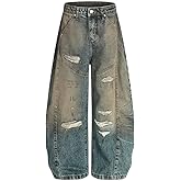 Men's Denim Pants American Style Holes Design Washed Mud-Dying Contrast Worn-Out Wide Leg Bootcut Jeans