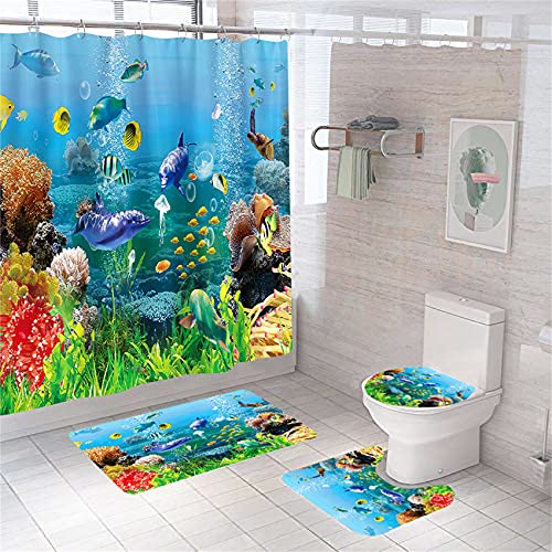 AZHM Dolphin Shower Curtain Sets with Rugs 4PCS Blue Ocean Fish Sea World Bathroom Decor Sets with Shower Curtain Non-Slip Rug Toilet Lid Cover and Bath Mat Bathroom Curtains Shower Set with12 Hooks