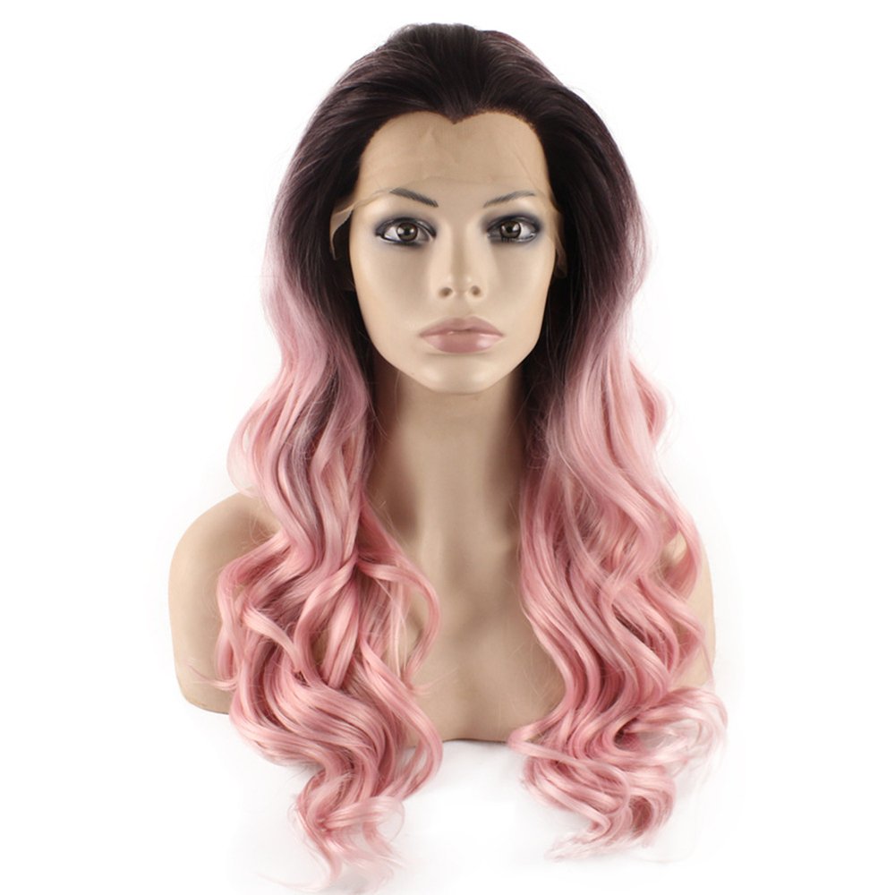 Long Wavy Hand Tied Lace Front Brown Pink Ombre Wavy Wig