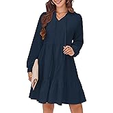 HUSKARY Baby Doll Dresses Women Fall Casual Tie V Neck Ruffle Tiered Tunic Dress Knee Length Cute Dresses with Pockets