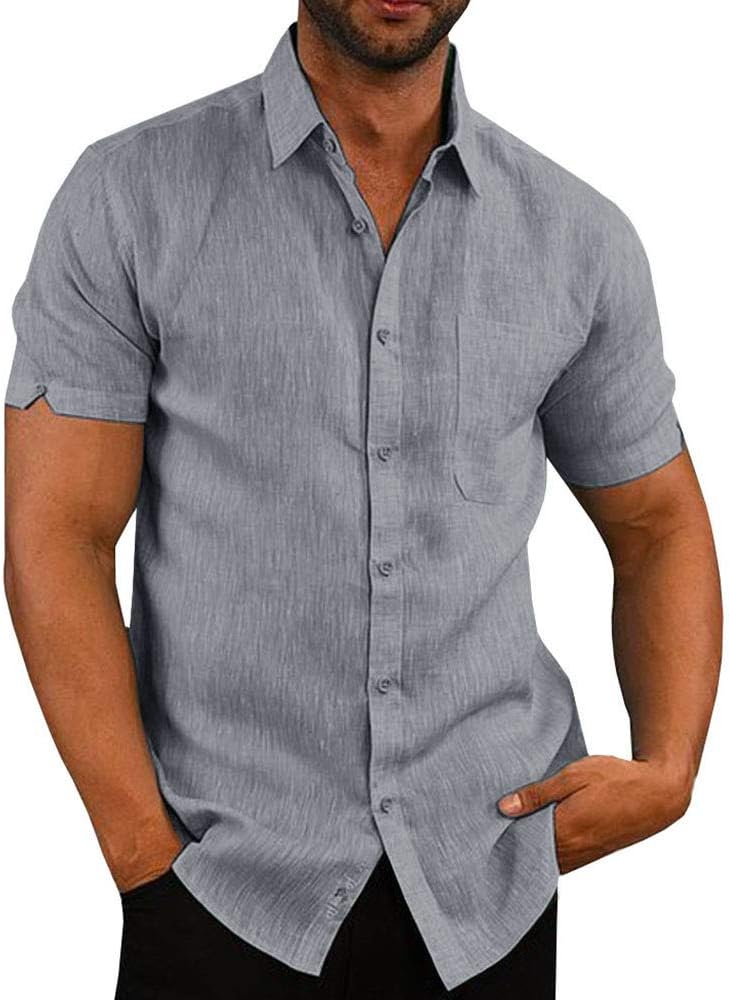 PASLTER Mens Casual Short Sleeve Shirts Linen Cotton Button Up Shirt Casual Beach Hawaiian Yoga Shirts