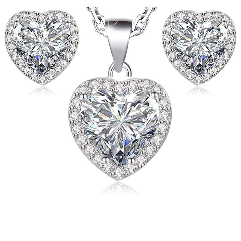 Crystalline Azuria Women Girls 18ct White Gold Plated White Zirconia Crystals Hearts Set Pendant Necklace 17.7 inches Stud Earrings