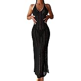 Verdusa Women's Crochet Cover Up Dress Self Tied Backless Knit Halter Dresses Swimsuit Beach Coverups