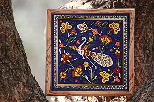 Aelia Olive Wood Ceramic Jewelry Box Lockable Storage Case (Peacock) Manufactured In Jerusalem