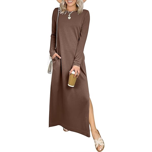 ANRABESS Women's Long Sleeve Maxi Dresses 2025 Fall Outfits Casual Loose  Split Travel Vacation T Shirt Dress with Pockets Floral Blue White Small at  Amazon Women's Clothing store