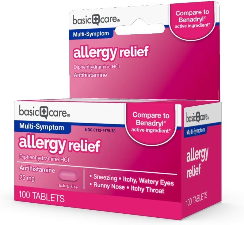  Basic Care Allergy Relief, Diphenhydramine HCl Tablets 25 mg, Antihistamine, 100 Count: Health & Personal Care