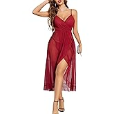 Avidlove Lingerie For Women Lace Babydoll Chemise Long Mesh Nightgown Faux Wrap V Neck Sleeveless Ruffle Hem Midi Dress
