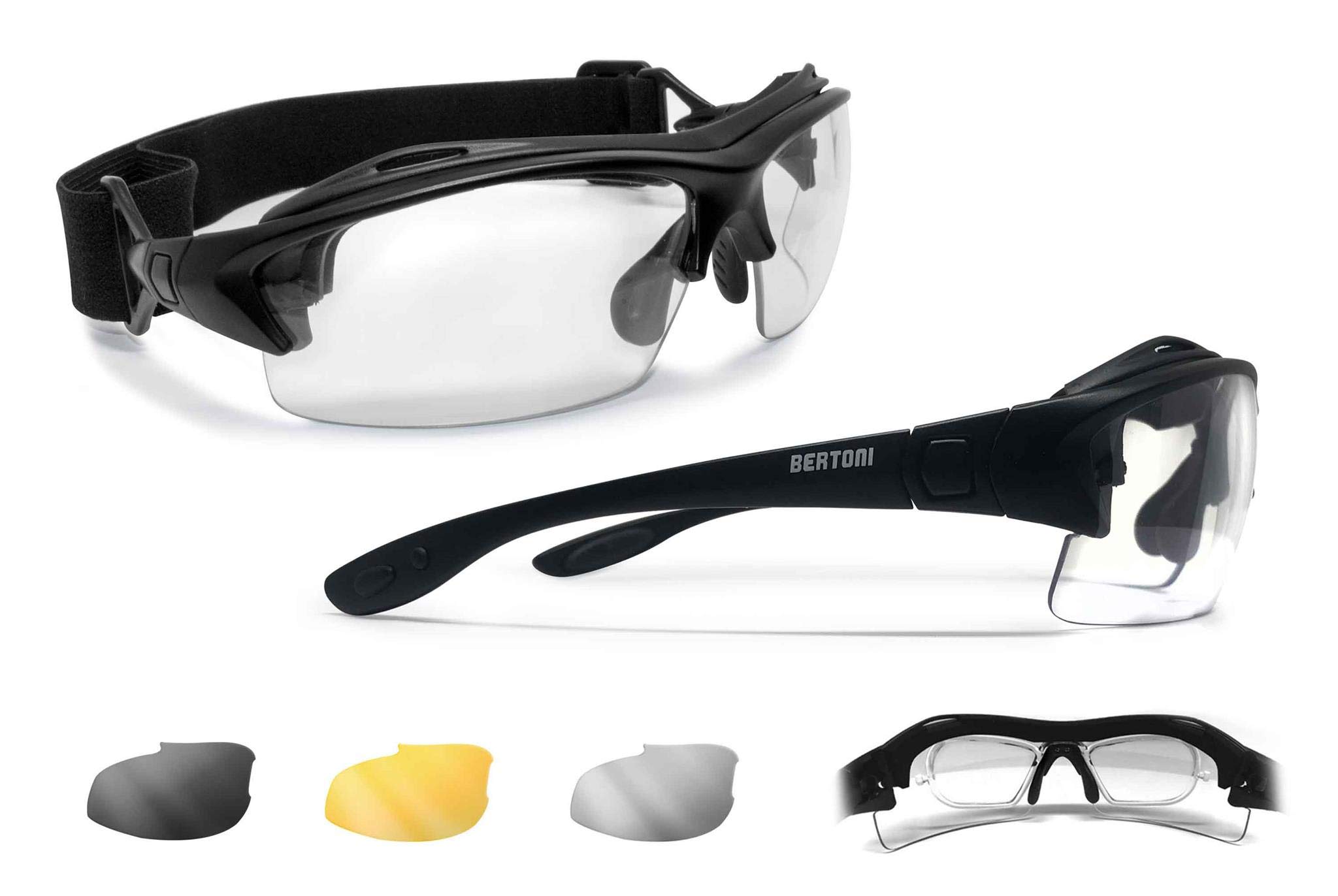 BERTONI Sport Sunglasses Goggles with Clip for Optical Lenses - Interchangeable Arms/Strap mod.399