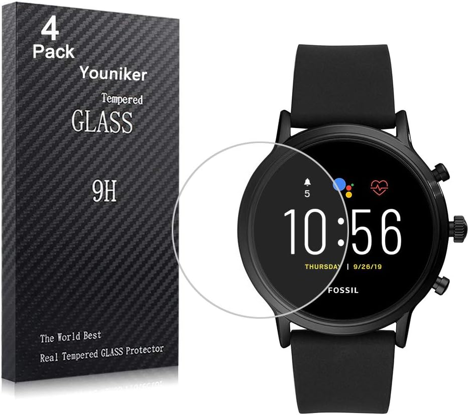 Youniker 4 Pack Compatible with Fossil Gen 5 Carlyle Screen Protector Tempered Glass for Fossil Men Gen 5 Carlyle HR Smartwatch Screen Protectors Cover 9H 0.3MM Anti-Scratch No Bubble