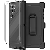 for Samsung Galaxy S22 Ultra Case with Belt Clip Holster, 2X Screen Protector, Military Grade Protection Heavy Duty Full Body Shockproof Rugged Protective Cover for Samsung S22 Ultra 5G Black