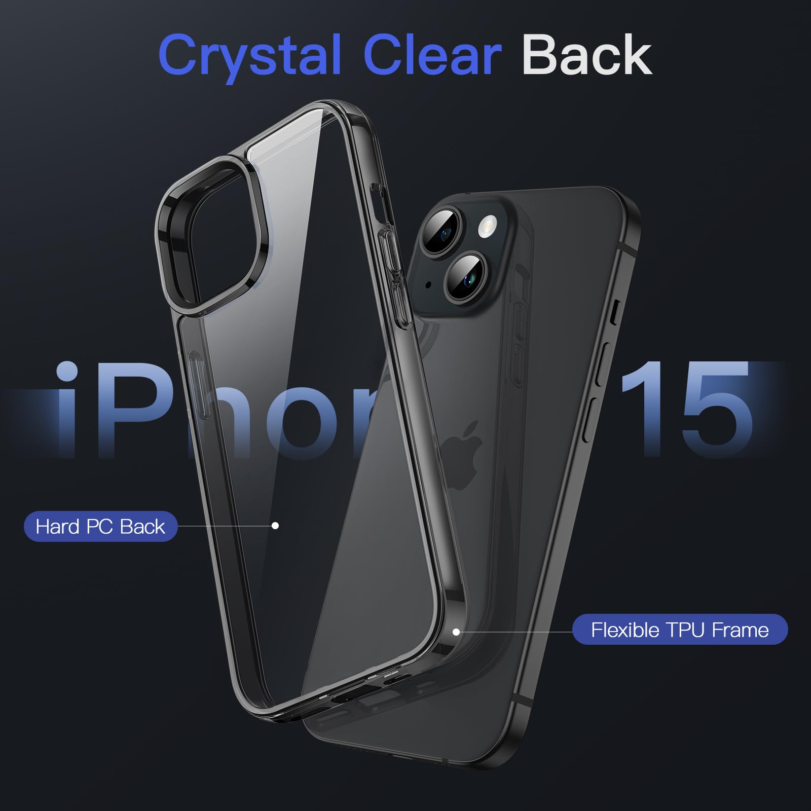 JEDirect iPhone 15 (6.1 Inch) Case, Non-Yellowing, Shock Absorbing, Bumper Cover, Anti-Scratch, Clear Back, Black