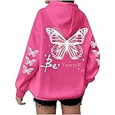 BEAUDRM Women's Plus Size Butterfly Graphic Hoodie Y2k Drawstring Long Sleeve Baggy Hooded Sweatshirt Fall Clothes