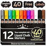 Benjamin Liquid Chalk Markers - Complete markers Set with FREE Chalkboard Labels - 12 Washable Erasable Neon Chalk Pens - Including Metallic Gold & Silver ink - Reversible Tip and New Improved Cap