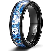 TRUMIUM 8mm Tungsten Rings for Men Women Silver Blue Rose Gold Black Tungsten Wedding Band Gear Steampunk Wheel Carbon Fiber Ring Comfort Fit Size 6-13