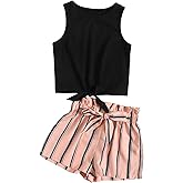 OYOANGLE Girl's 2 Piece Outfits Summer Tie Knot Tank Top and Paperbag Waist Striped Shorts Set