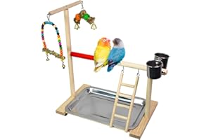 Joyeee Bird Perch Stand Bird Toys, Parrot Playstand Bird Playground Training Gym Wood Stand Perch with Feeder Seed Cups, Bird Toys Exercise Playpen, Birdcage Platform Cage Accessories