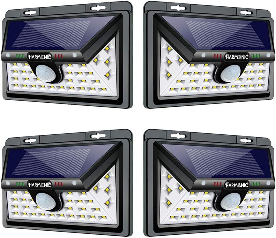 Harmonic Solar Lights Outdoor, 3 Optional Modes Wall Mounted Motion Sensor Solar Lights, Wireless IP65 Waterproof &270° Wide Angle Suitable for Yard, Garden, Garage, Fence, Deck (4 Pack)
