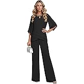 Black Mother of The Bride Pant Suits for Women 2 Pieces Dressy Chiffon Grandmother of Bride Pant Suit Petite Wedding Guest Pantsuits with Sleeves Black 12
