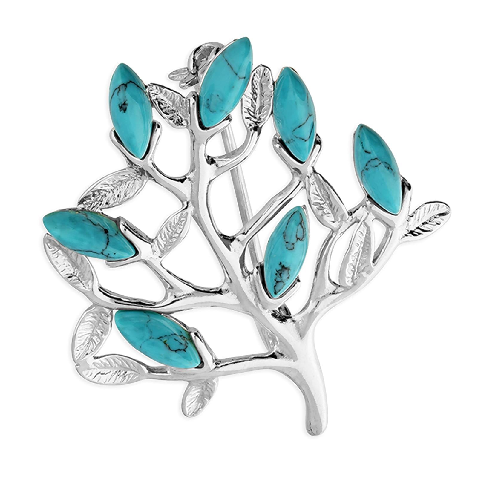 Synthetic Turquoise Tree of Life Sterling Silver Brooch - Vintage & Antique Style Brooch Pin/Clip for Women Ladies - 925 Sterling Silver. H3477/T
