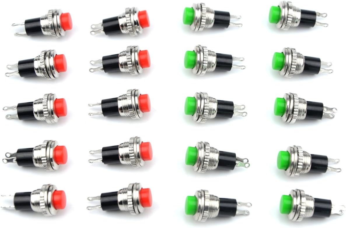WMYCONGCONG 20 PCS Momentary SPST Metal Push Button Switch 10mm AC 125V 5A, AC 250V 6A Red Green Cap, red, green, silver, black