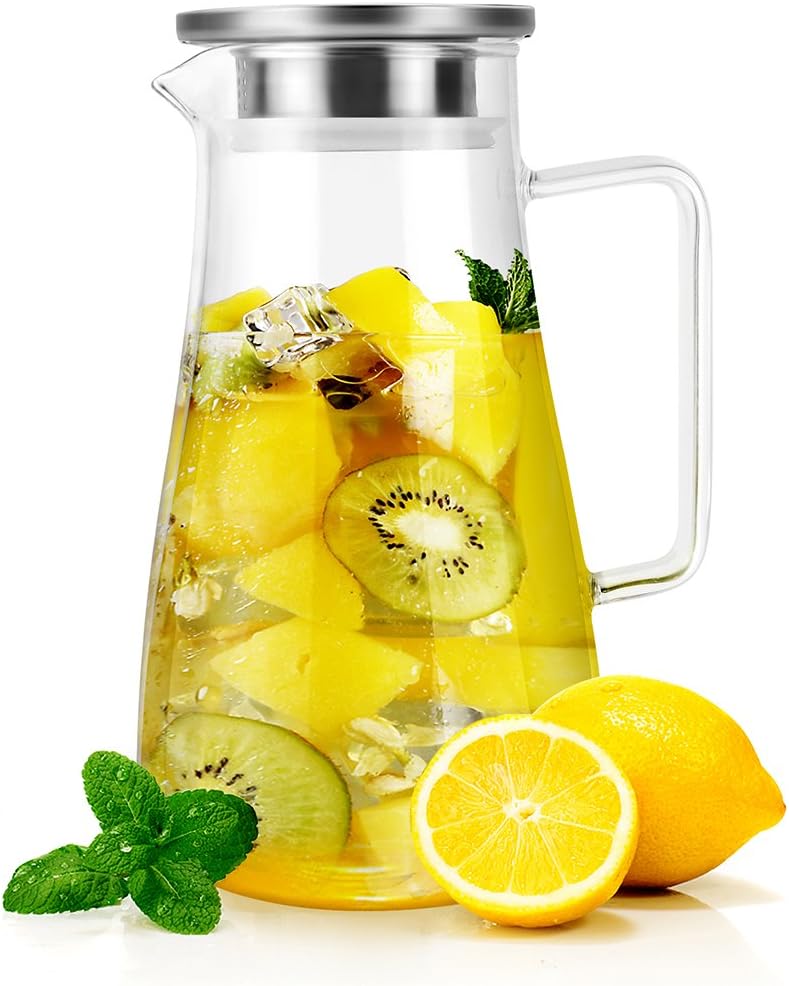 1500 ml Glass Pitcher with Stainless Steel Lid and Spout Water Carafe with Handle by RayPard, for Homemade Juice & Iced Tea