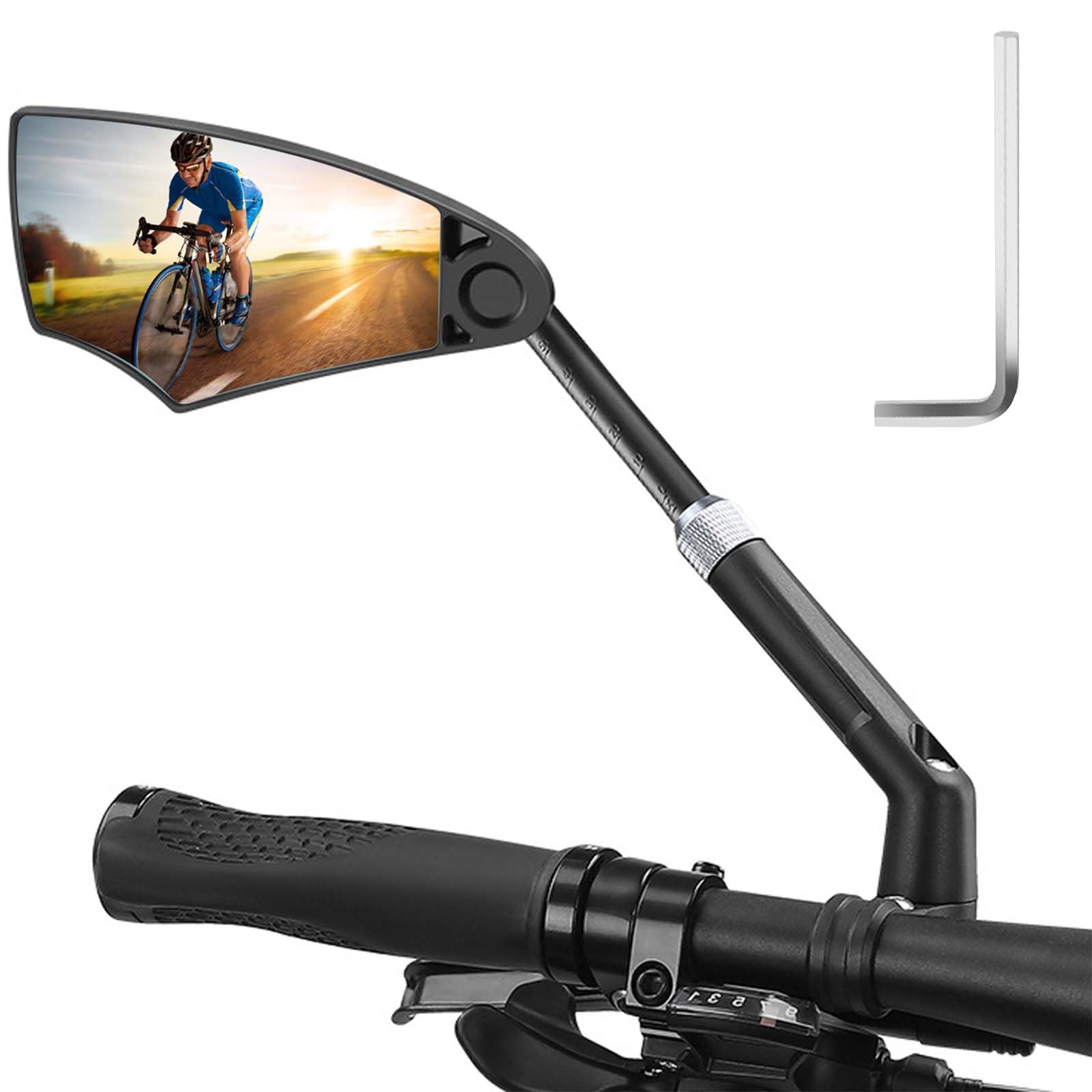 Real Glass Bicycle Mirror - Stretchy, Shockproof, HD, 360° Swivelling, Foldable for E-Bike & MTB Road Bikes - 20-23 mm