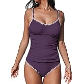 CUPSHE Women's Tankini Sets Two Piece Swimsuit Scoop Neck Tummy Control Adjustable Straps Shell Stitched