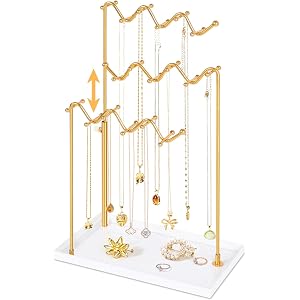 Gold 3-Tier Necklace Holder Organizer Necklace Display Stand with 36 Hooks | Adjustable Jewelry Organizer with Metal Tray, Ta