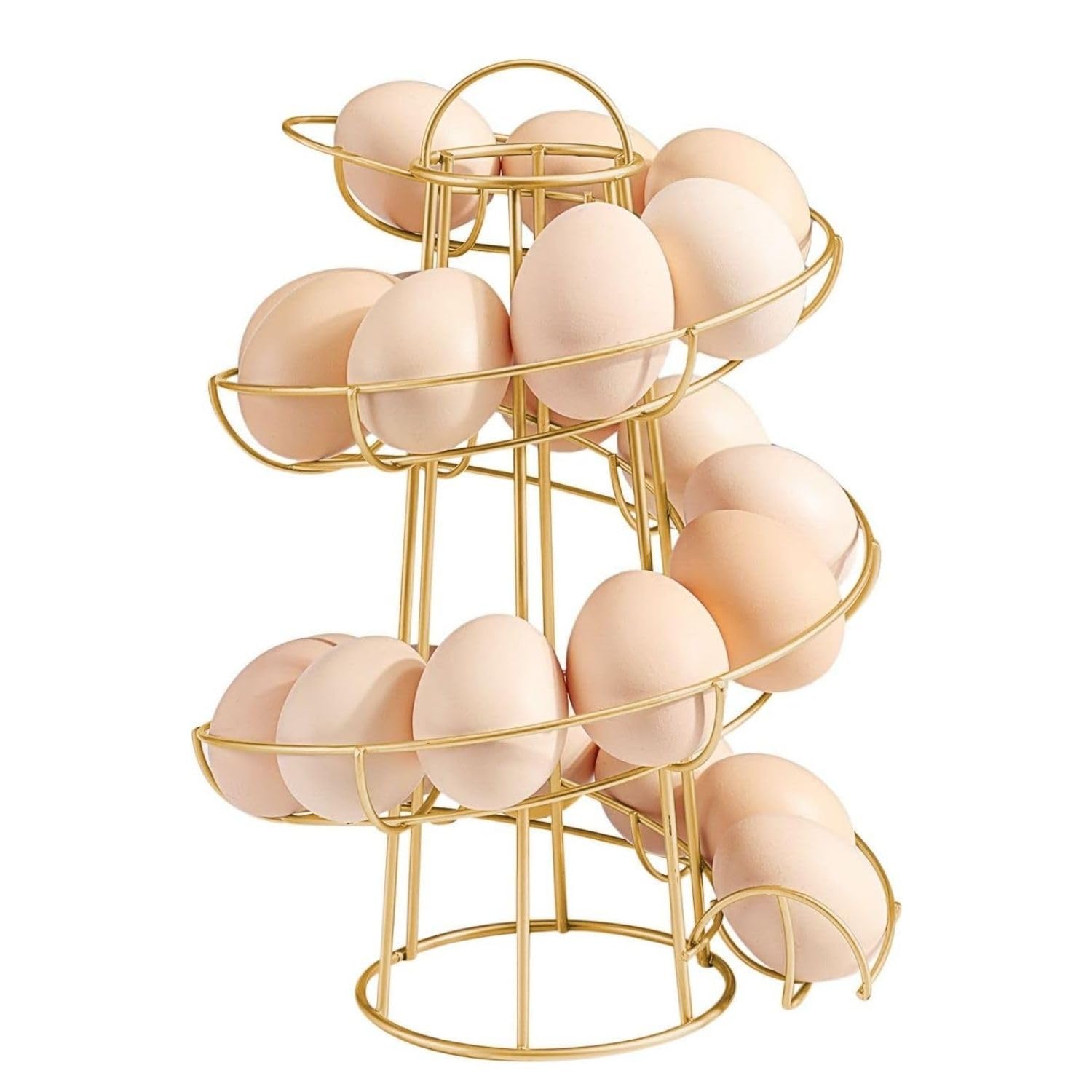 Flexzion Spiral Egg Rack for Fresh Eggs (Medium Egg Display) - Modern Egg Skelter Freestanding Wired Countertop Egg Holder for Fresh Eggs, Dispenser Stand, Storage Rack for Kitchen, Gold