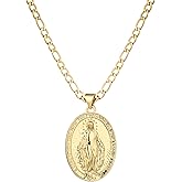 yipima 14K Gold Plated Oval Guadalupe Virgin Mary Pendant Necklace for Women Men, 3mm Flat Figaro Stainless Steel Chain Necklaces