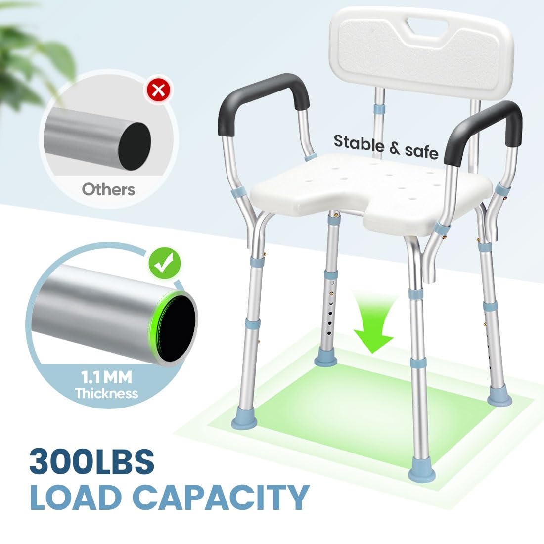 OasisSpace Heavy Duty Shower Chair with Back and Arms 300lb, Bathtub Chair with Handles - Medical Tool Free Shower Cutout Seat for Handicap, Disabled, Seniors & Elderly