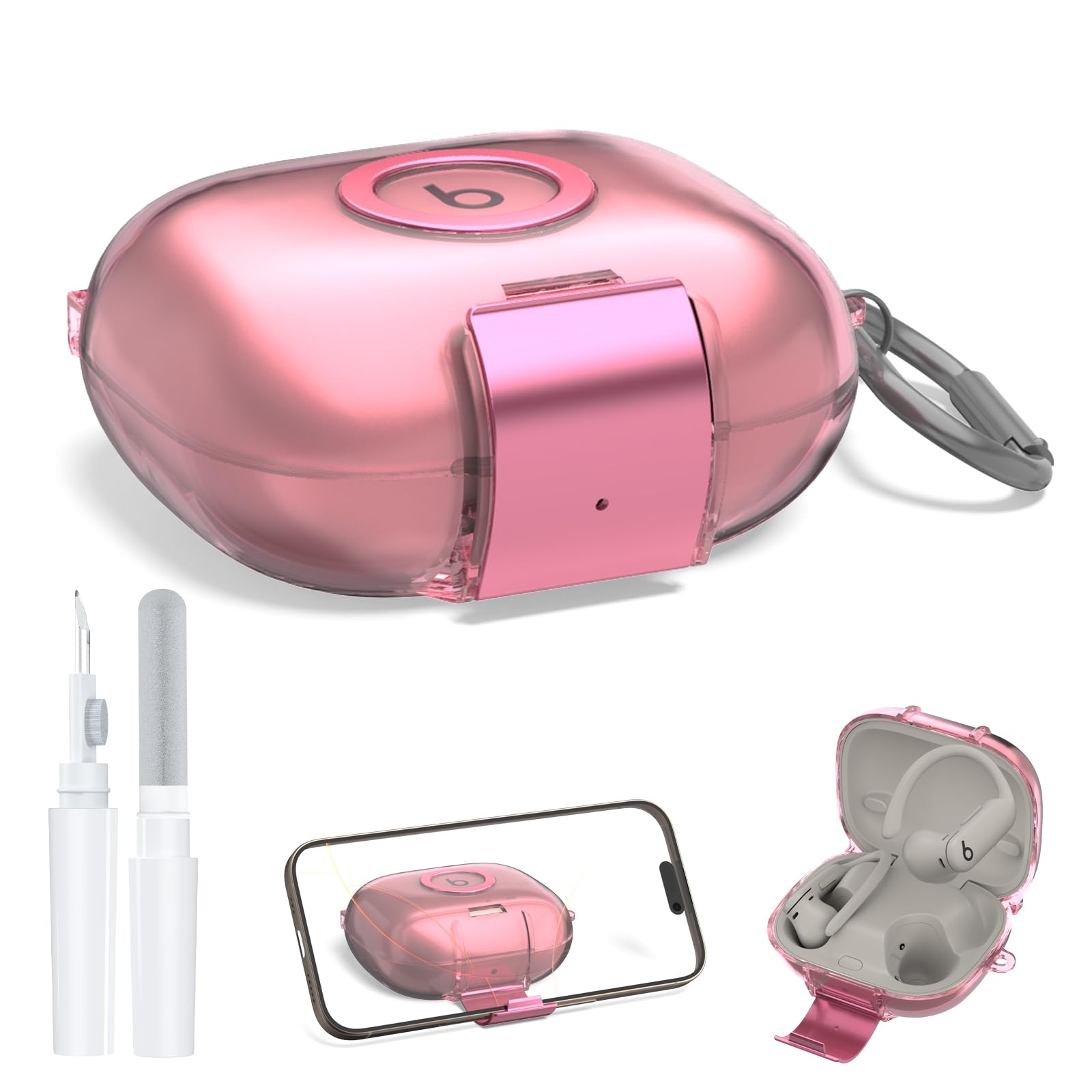 Photo 1 of [Dual Function Lock] for Beats Powerbeats Pro 2 Case Cover with Phone Stand, AGENTNANO Clear Protective Cover with Beats Powerbeats Pro 2 2025 Charging Case with Cleaner Kit and Carabiner-Clear Pink