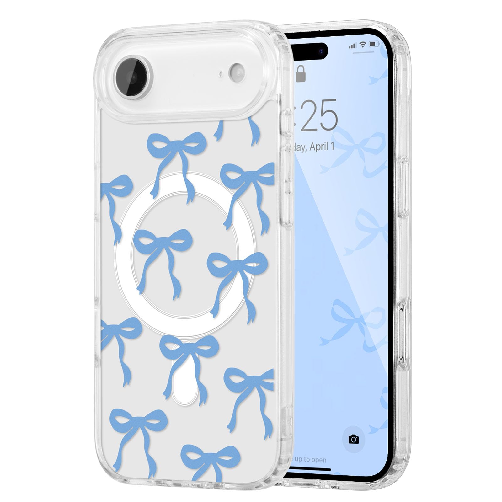 UEEBAI Magnetic for iPhone Air Case, Bow Case Compatible with MagSafe, 2-Pack [Screen Protector + Camera Lens Protector], Wireless Clear Slim Cover Protective Cover for Women Girl - Blue