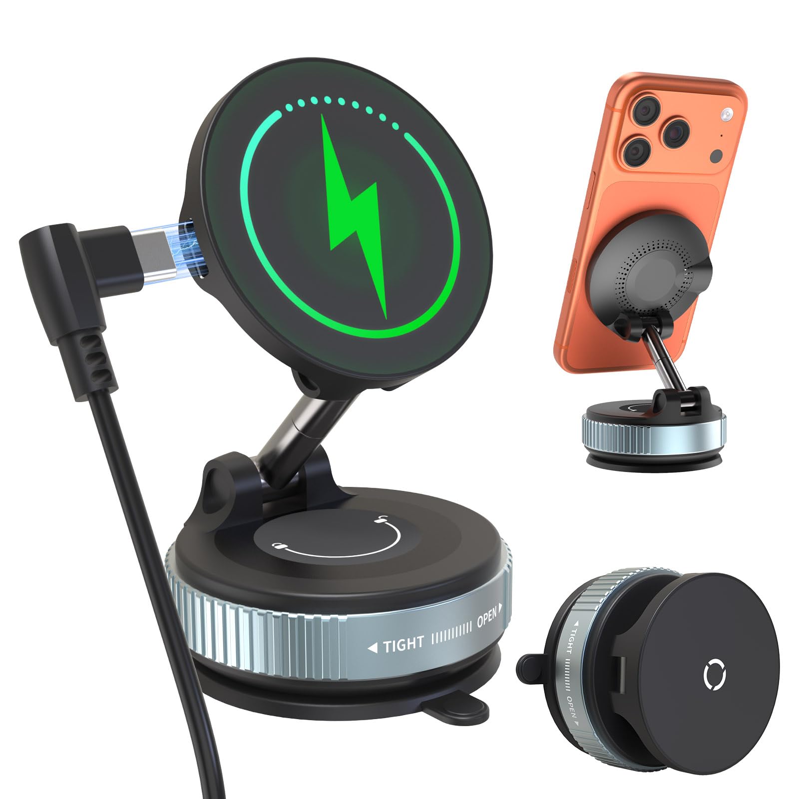 E EAKSON Wireless Car Charger - 15W Fast Wireless Charging Car Mount, 360° Adjustable Vacuum Magnetic Suction Phone Holders for Car, Magnetic Phone Holder for iPhone 17 16 15 14 13 12