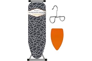 Bartnelli Compact Ironing Board 13x43 Iron Surface Patent Folding System with Adjustable Height, 4 Layered Cover and Pad, Hanger, Iron Mat