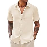 Yousify Men's Button Down Shirts Short Sleeve Casual Cotton Textured Shirt Summer Beach Vacation Tops with Pocket