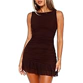 OZICERD Women Boat Neck Bodycon Mini Dresses Going Out Dress Ruffle Mesh Sleeveless Short Elegant Club Cocktail Party Dress