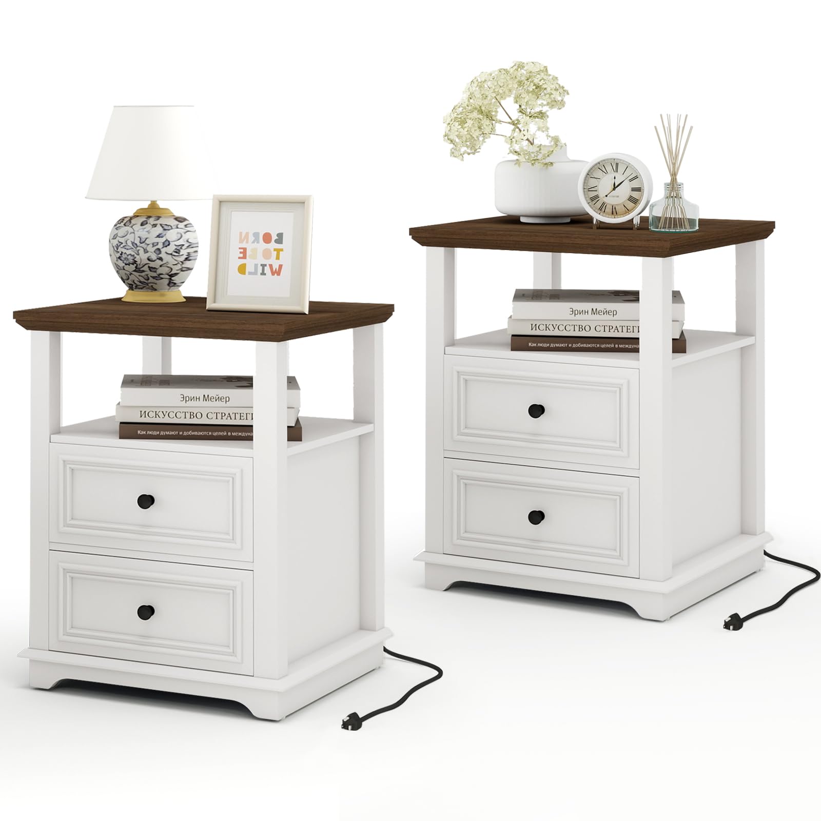 Photo 1 of ***ONLY 1 NIGHTSTAND*** Vipbear Farmhouse Nightstand 18" White End Table with Charging Station & 2 Drawers, Rustic Bedside Table with Storage Shelf for Bedroom, Living Room,18.1" D x 18.1" W x 24.2" H, Set of 2