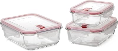 Conjunto tatay cook&eat de 3 lancheiras para alimentos, vidro, hermético, tampa de clipe, sem bpa, adequada para micro-ondas, forno, freezer e máquina de lavar louça, cor vermelha, medidas: 23,5 x 18,5 x 14 cm