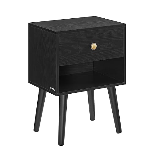 VASAGLE Bedside Table, Side Table with Storage Drawer and Open Shelf, Solid Wood Legs, End Table for Living Room, for Bedroom, Sofa, Ebony Black LET655B56